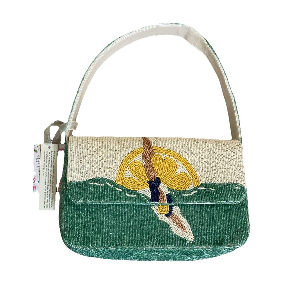 Viral Handcrafted In India Beach Sun Beaded‎ Bag Purse New Aqua Ivory